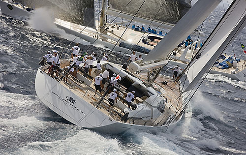 Hasso Plattner’s Visione (GER) crosses above Barry Houghton's Dubois Bermudian sloop Salperton (CAY), during the Maxi Yacht Rolex Cup 2010. Photo copyright Rolex and Carlo Borlenghi.