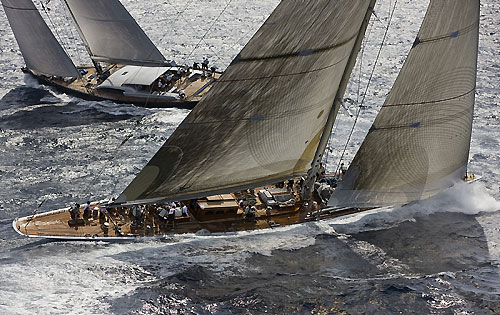 R.S.V. ltd's J-Class Ranger (CAY) and Albert Buell's Wally Saudade (MLT), during the Maxi Yacht Rolex Cup 2010. Photo copyright Rolex and Carlo Borlenghi.