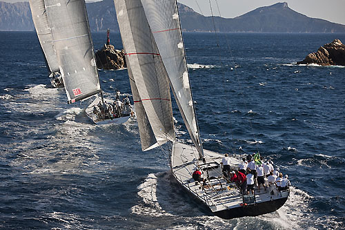 Neville Crichton's Shockwave (NZL) ahead of Niklas Zennström’s Rán (GBR), chasing William I Koch's Titan 15, during the Maxi Yacht Rolex Cup 2010. Photo copyright Rolex and Carlo Borlenghi.
