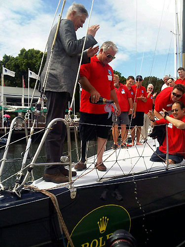 Grame Wood and Sailors with disABILITIES crew provide a champagne christening at the Cruising Yacht Club of Australia for Wot Eva. Photo copyright Sailors with disABILITIES.