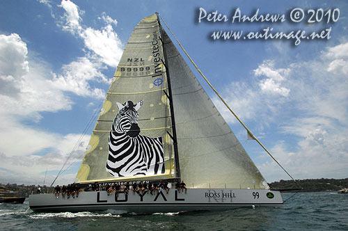Sean Langman and Anthony Bell’s 100 foot Elliott design Investec Loyal, during the SOLAS Big Boat Challenge 2010 on Sydney Harbour. Photo copyright Peter Andrews, Outimage Australia.