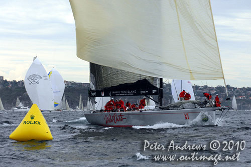 The Mark Richards skippered 100 footer Wild Oats XI, rounding the seaward mark, after the start of the 2010 Rolex Sydney Hobart Yacht Race. Photo copyright Peter Andrews, Outimage Australia.