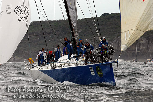 Grant Wharington's Maxi Wild Thing outside the heads after the start of the Rolex Sydney Hobart 2010. Photo copyright Peter Andrews, Outimage Australia.