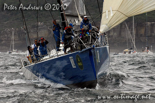 Grant Wharington’s Melbourne 98 footer Wild Thing, outside the heads after the start of the 2010 Rolex Sydney Hobart Yacht Race. Photo copyright Peter Andrews, Outimage Australia.