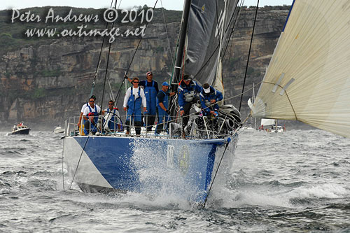 Grant Wharington's Maxi Wild Thing outside the heads after the start of the Rolex Sydney Hobart 2010. Photo copyright Peter Andrews, Outimage Australia.