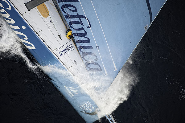 Team Telefonica, skippered by Iker Martinez from Spain after the start of Leg 1 of the Volvo Ocean race 2011-12 from Alicante, Spain to Cape Town, South Africa. Photo Paul Todd / Volvo Ocean Race.