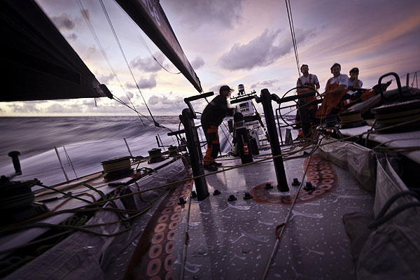 Dawn approaches on Mar Mostro. PUMA Ocean Racing powered by BERG during Leg 1 of the Volvo Ocean Race 2011-12, from Alicante, Spain to Cape Town, South Africa. Photo Amory Ross / PUMA Ocean Racing / Volvo Ocean Race.