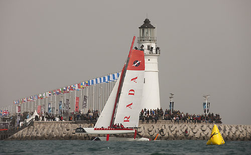 Luna Rossa racing close to the shore on day 2 of racing, during the Extreme Sailing Series 2011, Qingdao, China. Photo copyright Lloyd Images. 