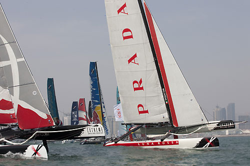 The fleet on the start line, during the Extreme Sailing Series 2011, Qingdao, China. Photo copyright Lloyd Images.