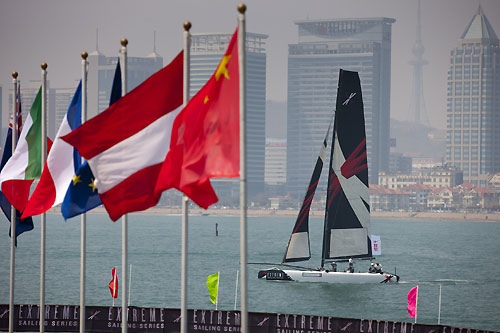 Team Extreme heading out of the Fushan Bay harbour, during the Extreme Sailing Series 2011, Qingdao, China. Photo copyright Lloyd Images.