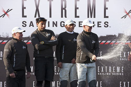 Team Extreme crew celebrate with Pol Roger champagne on the podium, during the Extreme Sailing Series 2011, Qingdao, China. Photo copyright Lloyd Images.