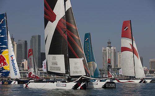 Team Extreme, Red Bull Extreme Sailing, Alinghi and Oman Air, during the Extreme Sailing Series 2011, Qingdao, China. Photo copyright Lloyd Images.