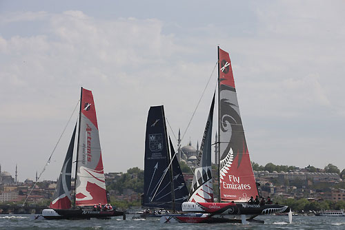 Emirates Team New Zealand, Artemis Racing and Groupe Edmond de Rothschild racing on Day 1 of Act 3, during the Extreme Sailing Series 2011, Istanbul, Turkey. Photo copyright Lloyd Images.