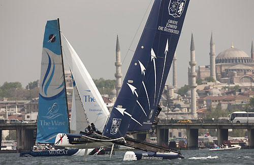 Groupe Edmond de Rothschild on an upwind leg, during the Extreme Sailing Series 2011, Istanbul, Turkey. Photo copyright Lloyd Images.
