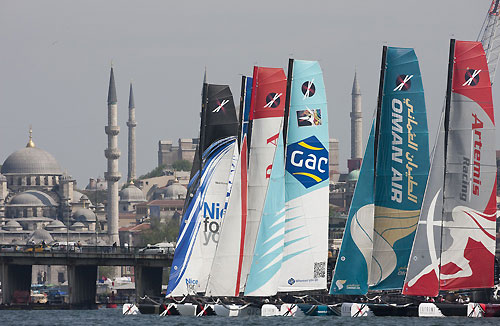 The fleet racing on day 1 in front of the historic Istanbul skyline, during the Extreme Sailing Series 2011, Istanbul, Turkey. Photo copyright Lloyd Images.
