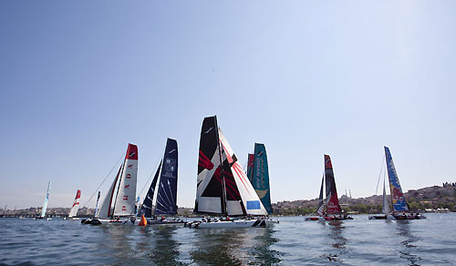 The fleet racing on the Halic estuary, during the Extreme Sailing Series 2011, Istanbul, Turkey. Photo copyright Lloyd Images.