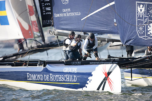 Groupe Edmond de Rothschild racing on day 2 of Act 3, Instanbul, during the Extreme Sailing Series 2011, Istanbul, Turkey. Photo copyright Lloyd Images.