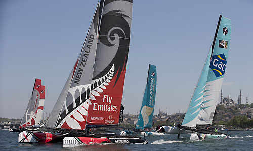 Emirates Team New Zealand, Team GAC Pindar and fleet racing on day 2 of Act 3, Instanbul, during the Extreme Sailing Series 2011, Istanbul, Turkey. Photo copyright Lloyd Images.