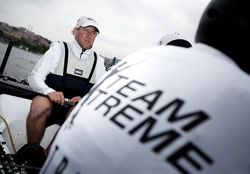 Team Extreme skipper Roland Gaebler onboard on day 3 of Act 3, Instanbul, during the Extreme Sailing Series 2011, Istanbul, Turkey. Photo copyright Lloyd Images. 