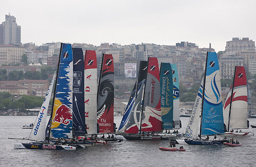 Fleet racing on day 4 of Act 3, Instanbul, during the Extreme Sailing Series 2011, Istanbul, Turkey. Photo copyright Lloyd Images.