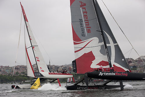 Luna Rossa and Artemis Racing racing around a mark, on day 4 of Act 3, Instanbul, during the Extreme Sailing Series 2011, Istanbul, Turkey. Photo copyright Lloyd Images.