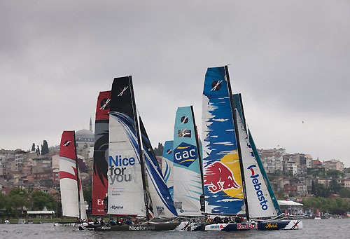 Fleet racing, on day 4 of Act 3, Instanbul, during the Extreme Sailing Series 2011, Istanbul, Turkey. Photo copyright Lloyd Images.