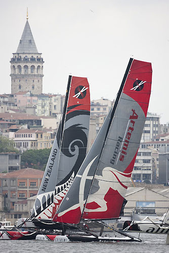 Artemis Racing flying past Emirates Team New Zealand, on day 5 of Act 3, Instanbul, during the Extreme Sailing Series 2011, Istanbul, Turkey. Photo copyright Lloyd Images.