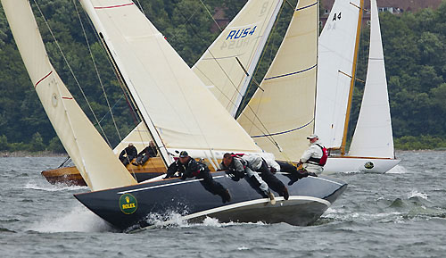 Richard Self and Mark Decelles’ 8mR Raven (CAN 25, 1938) from Vancouver, Canada; and Alexey Rusetsky’s 8mR Astra II (RUS 4, 2007) from St. Petersburg, Russia, during the 2011 Rolex Baltic Week. Photo copyright Rolex and Daniel Forster.