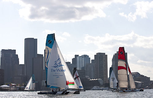 The Wave-Muscat and Alinghi, during the Extreme Sailing Series 2011, Boston, USA. Photo Copyright Lloyd Images.