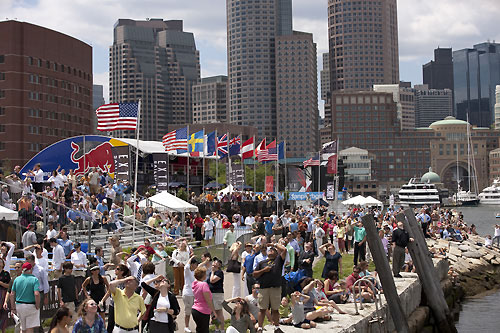 Spectators watching the racing up close from the race village, during the Extreme Sailing Series 2011, Boston, USA. Photo Copyright Lloyd Images.