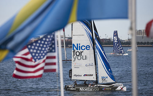 Niceforyou racing in front of the race village in Boston, during the Extreme Sailing Series 2011, Boston, USA. Photo Copyright Lloyd Images.