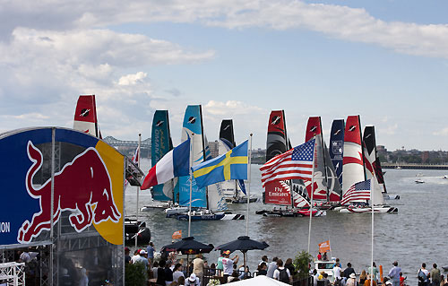 The Extreme 40 fleet on the start line in front of the race village, during the Extreme Sailing Series 2011, Boston, USA. Photo Copyright Lloyd Images.