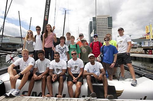 The Courageous Sailing team, the Act 4 charity, meets the crew of Oman Air, during the Extreme Sailing Series 2011, Boston, USA. Photo Copyright Lloyd Images.