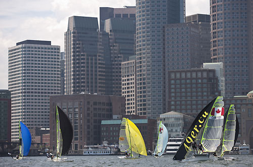 Olympic class the 49ers racing on Boston Harbour, during the Extreme Sailing Series 2011, Boston, USA. Photo Copyright Lloyd Images.