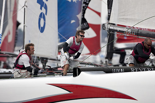 Crew action onboard Alinghi, during day 4 of the Extreme Sailing Series 2011, Boston, USA. Photo Copyright Lloyd Images.