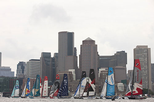 The fleet lining up for a start on day 4 of Act 4, during the Extreme Sailing Series 2011, Boston, USA. Photo Copyright Lloyd Images.