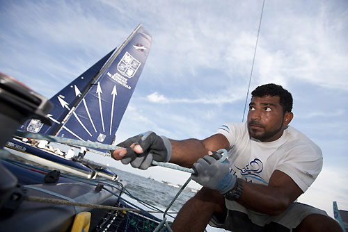 Khamis Al Anbouri onboard The Wave-Muscat, during the final day of Act 4 of the Extreme Sailing Series 2011, Boston, USA. Photo Copyright Lloyd Images.