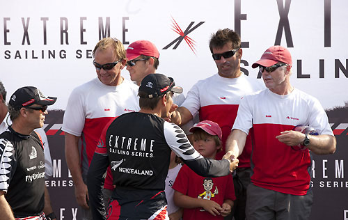 Emirates Team New Zealand skipper Dean Barker shakes hand with Artemis Racing skipper, Terry Hutchinson at the prize giving, during the final day of Act 4 of the Extreme Sailing Series 2011, Boston, USA. Photo Copyright Lloyd Images.