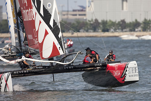 Emirates Team New Zealand racing, during the final day of Act 4 of the Extreme Sailing Series 2011, Boston, USA. Photo Copyright Lloyd Images.