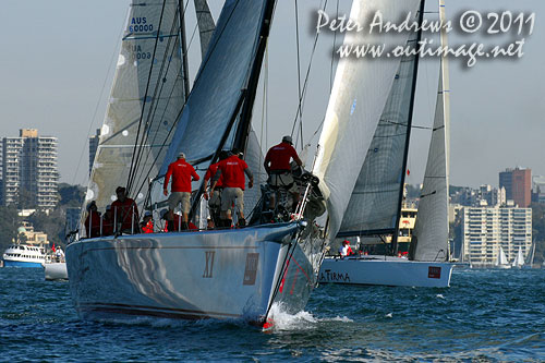 Bob Oatley's Reichel Pugh 100 Wild Oats XI and Nicholas Bartels' Cookson 50 Terra Firma, recently aquired and formally Shogun, after the start of the Audi Sydney Gold Coast 2011. Photo copyright Peter Andrews, Outimage Australia.