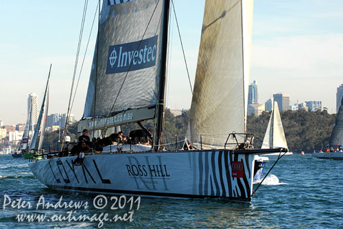 Anthony Bell's 100 ft maxi Investec Loyal on Sydney Harbour, after the start of the Audi Sydney Gold Coast 2011. Photo copyright Peter Andrews, Outimage Australia.