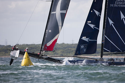Groupe Edmond de Rothschild collides with Artemis Racing at Cowes during Day 2 of Act 5 of the Extreme Sailing Series 2011, Cowes, United Kingdom. Photo copyright Lloyd Images.