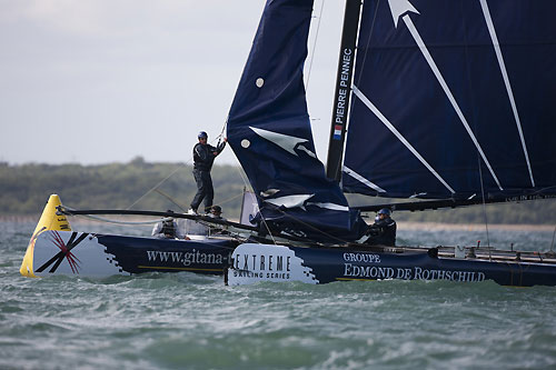 Groupe Edmond de Rothschild collides with Artemis Racing at Cowes during Day 2 of Act 5 of the Extreme Sailing Series 2011, Cowes, United Kingdom. Photo copyright Lloyd Images.
