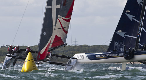 Groupe Edmond de Rothschild collides with Artemis Racing at Cowes during Day 2 of Act 5 of the Extreme Sailing Series 2011, Cowes, United Kingdom. Photo copyright Giordana Pipornetti -  Niceforyou.