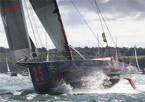 Marc Guillemot's IMOCA 60 Safran, after the start of the Rolex Fastnet Race 2011. Photo copyright Rolex and Daniel Forster.