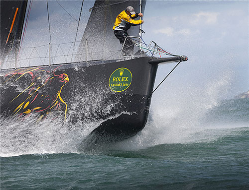 Ian Walkers Volvo 70 Abu Dhabi Ocean Racing (UAE) leaving the Solent , during the Rolex Fastnet Race 2011. Photo copyright Rolex and Daniel Forster.