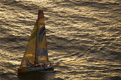 Sunset sailing for Mike Sanderson's VO70 Team Sanya, during the Rolex Fastnet Race 2011. Photo copyright Rolex and Carlo Borlenghi.