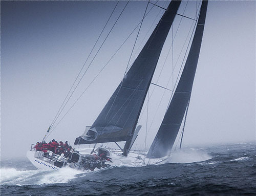 George David's Rambler 100 sailing in rough conditions before loosing her keel and capsizing, during the Rolex Fastnet Race 2011. Photo copyright Rolex and Daniel Forster.