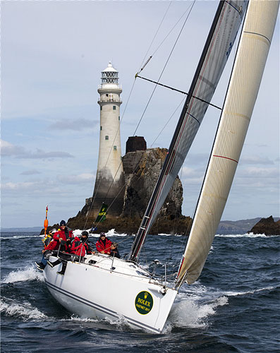 Franois Lognone's J/122 Nutmeg IV at the Fastnet Rock, during the Rolex Fastnet Race 2011. Photo copyright Rolex and Daniel Forster.