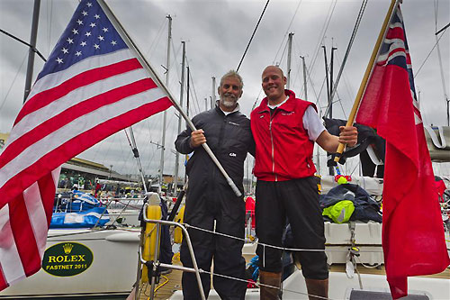 Skippers Rives Potts of Carina and Ross Applebey of Scarlet Oyster at Sutton Haven Marina in Plymouth, during the Rolex Fastnet Race 2011. Photo copyright Rolex and Carlo Borlenghi.